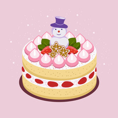 Cake for new year. Isolated design element on pink background with strawberries, snowman, mint, cream. Decorative object for festive menu, postcard, flyer, website, cooking, baking recipes.