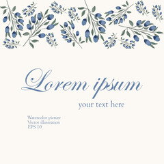 Card template with blueberries and leaves. Hand drawn vector background.