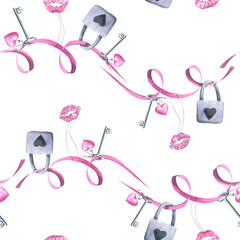 Obraz na płótnie Canvas Ribbons with hanging locks, keys and kisses on a white background. Watercolor illustration. Seamless pattern from the VALENTINE'S DAY collection. For fabric, textiles, packaging paper, prints