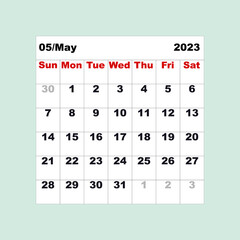May 2023. Calendar for one month in the form of a table for the organizer or planner.  Vector illustration.