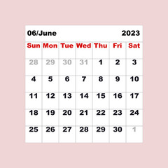 June 2023. Calendar for one month in the form of a table for the organizer or planner.  Vector illustration.