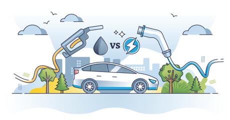 Gasoline vs electric car with fossil oil or charged motor outline concept. Nature friendly or pollution choice for transportation energy source vector illustration. Clean power or petrol dilemma.