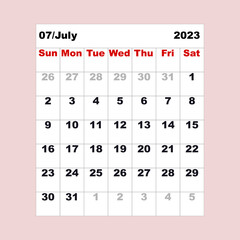 July 2023. Calendar for one month in the form of a table for the organizer or planner.  Vector illustration.