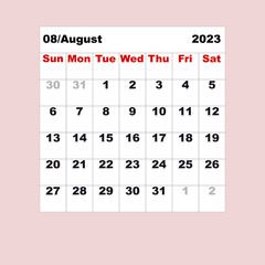 August 2023. Calendar for one month in the form of a table for the organizer or planner.  Vector. The week starts on Sunday.