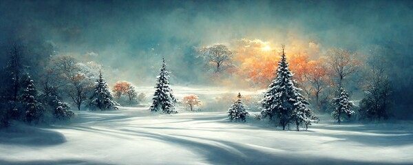 illustration of a winter christmas scene landscape for a banner or wallpaper - obrazy, fototapety, plakaty