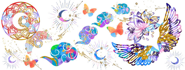 Fototapeta na wymiar Oriental illustration with moon, mandala, butterfly, Asian clouds. Multicoloured pattern, wallpaper.