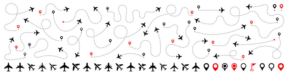 Airplane routes set. Plane route line. Planes dotted flight pathway. Plane paths. Aircraft tracking, planes, travel, map pins, location pins. Romantic travel, heart dashed line trace and plane routes.