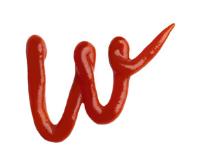 Letter W written with ketchup on white background