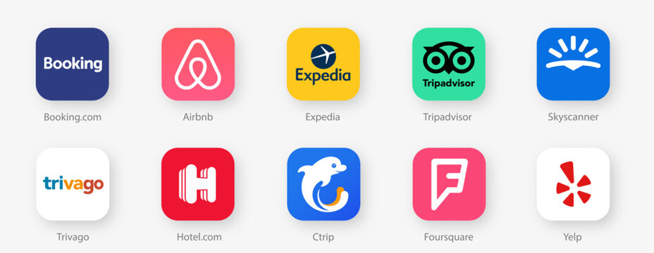 Bookings App logo set. Trivago, Airbnb, Foursquare, Skyscanner, Hotel.com, Yelp, Transdvisor. Booking application icons. Vector editorial illustration