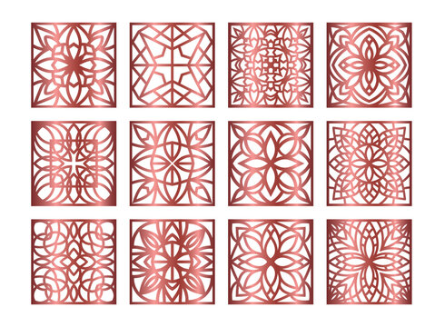 Laser cut Square patterned templates set. Coasters for drink collection with abstract ornament. Wood carwing templates, interior design, vector.