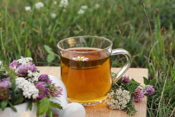 Cup of aromatic herbal tea, pestle and ceramic mortar with different wildflowers on green grass outdoors