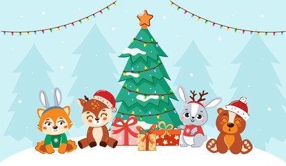 little animals are sitting in the forest near the Christmas tree. Happy New Year greeting card. Vector illustration.