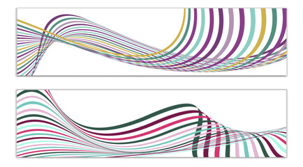 Wavy lines or ribbons. Set of 2 covers. Multicolored striped. Creative unusual background with abstract wave lines for creating a trendy banner, poster. vector eps