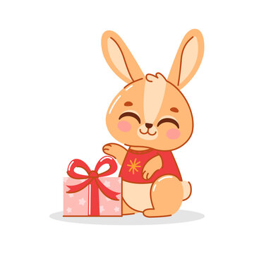 Cute cartoon rabbit or hare. A rabbit with a gift in his hands. Printing on children's T-shirts, greeting cards, posters. vector illustration isolated on a white background