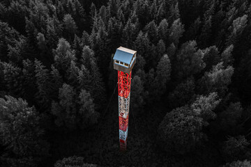 Firefighters watch tower in winter forest - obrazy, fototapety, plakaty