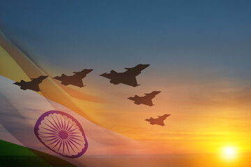 Indian Air Force Day. Indian jet air shows on background of sunset with transparent Indian flag....