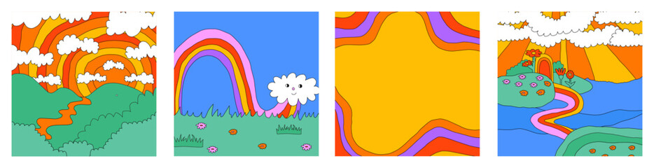 set of 1970 psychedelic square social media templates. Groove landscape posters. Editable layered frame for photo and text. Hippie nature - clouds, rainbow, mountains. y2k background. 90s aesthetic	