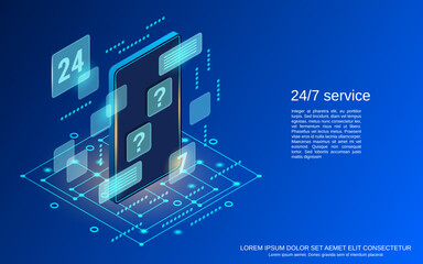 24-hour service, online support, hotline flat 3d isometric vector concept illustration