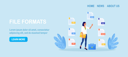 Converting, exchanging different file formats. Woman sharing or send with document in pdf, doc, xls or txt format. Documents conversion. Cloud service and information exchange. Download files