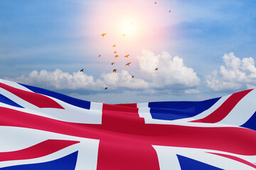 National flags of United Kingdom with flying birds on blue sky background. Background with place for your text. 3d rendering.
