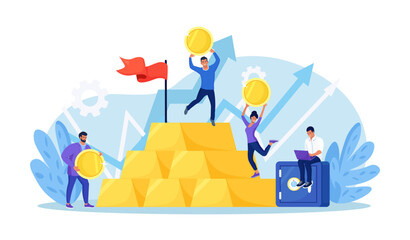 Gold investment concept. Successful investors or entrepreneur climb up steps and ingots towards flag. Financial literacy, goal setting. Trader or rich investor standing on stack of gold bar bullion