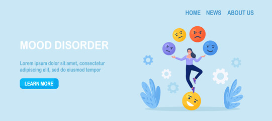 Emotional intelligence, balance of anxiety and happiness. Woman juggles emoticons, expression emotional faces. Emotions, mood control. Mindfulness and psychology. Consciousness, self development