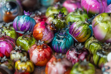 ceramic pomegranate fruit painted in bright pearly colors for interior decoration