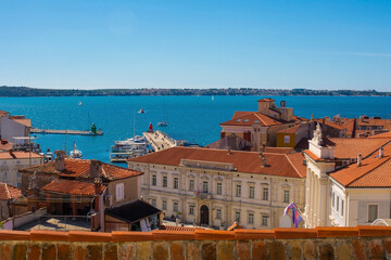 A view of the Town Hall in Tartini Square in the old medieval centre of Piran on the coast of Slovenia
