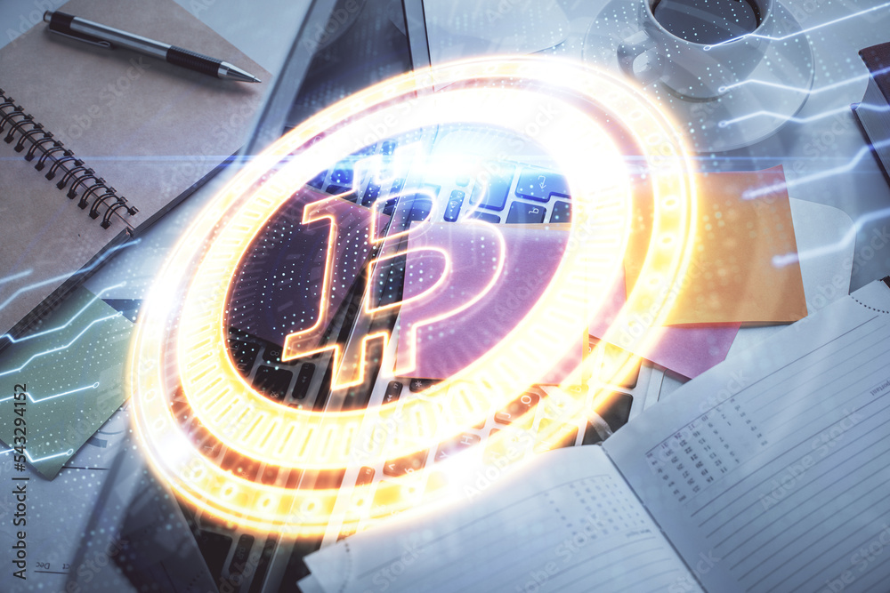 Poster blockchain theme hologram drawings over computer on the desktop background. top view. multi exposure