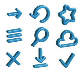 Set of 3D icons for website. Internet design main images as an arrow, menu, refresh, cloud, download icon.