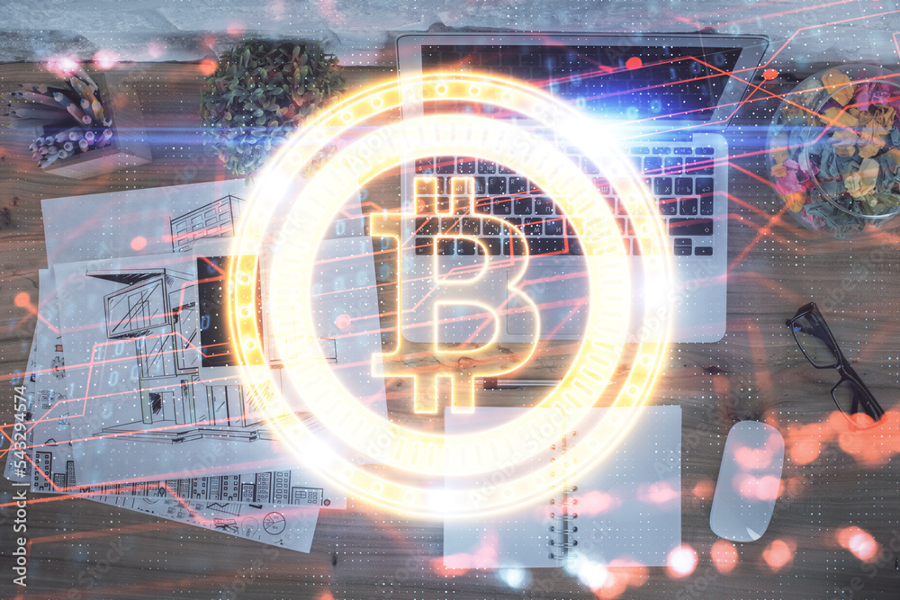 Poster blockchain theme hologram drawings over computer on the desktop background. top view. double exposur
