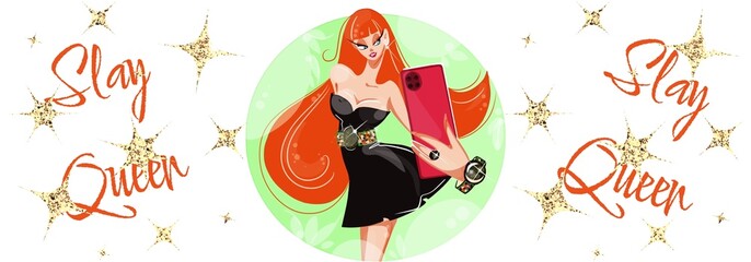 Fashion woman, girl, model. Phone, watch, design style. 