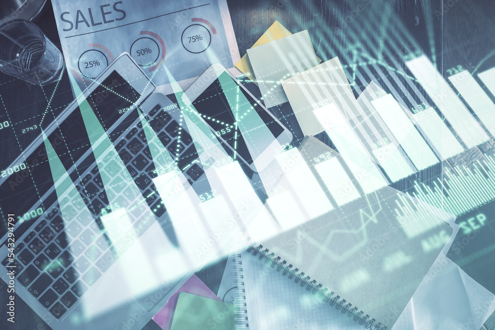 Aufkleber financial market graph and top view computer on the desktop background. multi exposure. investment c