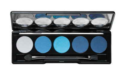 Palette of blue eyeshadows isolated on white