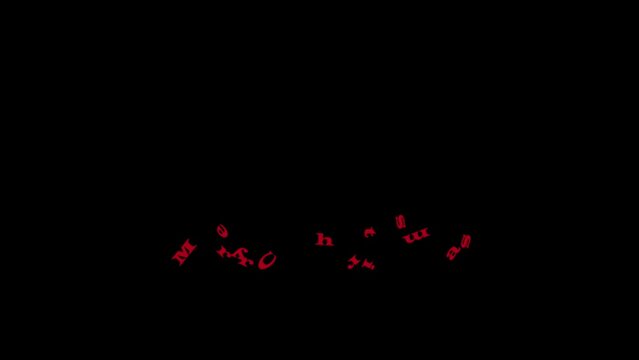 4K UHD Animation inscription Merry Christmas on transparent background falls from top to bottom, breaks to the ground and crumbles into separate letters. Falling text, gravity effect, crumbling