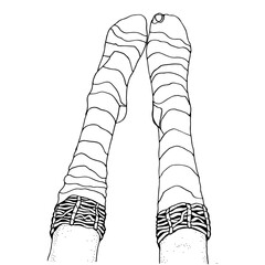 Socks with a hole. The finger is outside. Black and white Adult Coloring book. Vector.