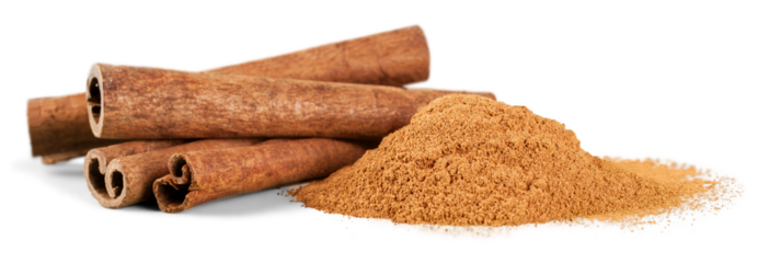 Cinnamon sticks and powder on white background