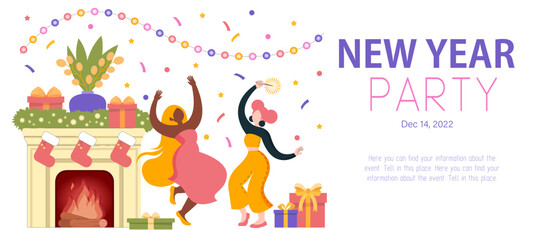 Fototapeta premium Poster, invitation. New Year party. Vector illustration, flat style. Girls dance, party, holiday. Jewelry and gifts. Christmas and New Year. Corporate style.