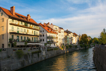 Fototapeta na wymiar The Ljubljanici River in central Ljubljana, Slovenia 