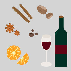 Mulled, wine, recipe, ingredients, vector, illustration, cinnamon, muskat, cloves, anis, oranges, red wine, bottle, glass, winter, drink, Christmas, New Year, hot drink, beverage, spices, food  