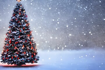 AI-generated decorated fir tree under the snow - obrazy, fototapety, plakaty