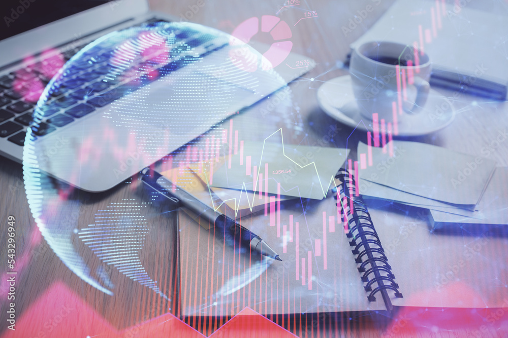 Poster double exposure of business theme drawing and desktop with coffee and items on table background. con