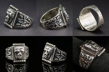Vintage mens signet massive sterling silver ring jewelry. Oak leaf ornament, lion head. Black and gray background. Collage photo set.