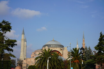Fototapeta na wymiar Hagia Sophia in the blue sky and palm trees