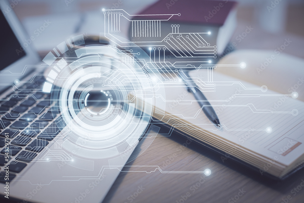 Aufkleber Double exposure of technology theme drawing and desktop with coffee and items on table background. Concept of data research.