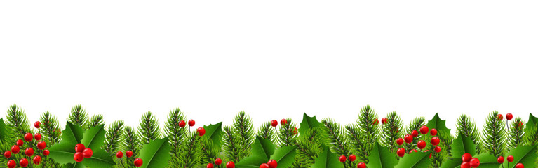 Christmas Border With Fir Tree And Holly Berry