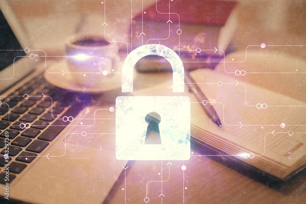 Poster double exposure of lock drawing and desktop with coffee and items on table background. concept of se