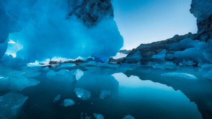 Fototapeta na wymiar Snow cave. Landscape of night antactis, tunnel and labyrinths in an ice cave. Cold water, night moonlight reflection, blue neon. Snow, ice, cold ice house.