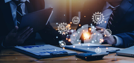 man use Laptop with cloud computing diagram show on hand. Cloud technology. Data storage....