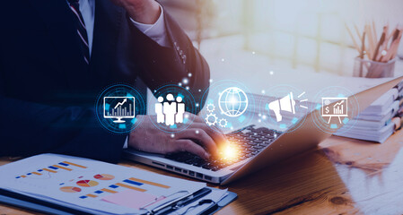 Hand shows the sign and icon of Digital marketing internet advertising and sales increase business...
